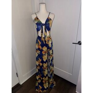 Auditions‎ Floral Cutout Tie Front Maxi Dress Navy Blue Yellow Orange M
